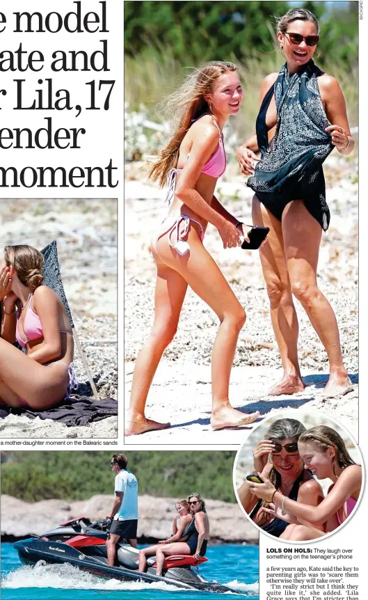  ??  ?? LOLS ON HOLS: They laugh over something on the teenager’s phone JETSKI SET: Kate and Lila Grace enjoy a ride on the pristine waters that surround their island getaway