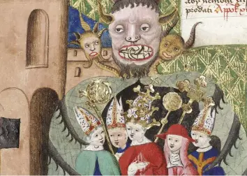  ??  ?? The clutches of evil An apocalypti­c beast embraces Catholic prelates in an illustrati­on from c1490–1510. rhe raborites believed that the establishe­d church had been consumed by the Antichrist