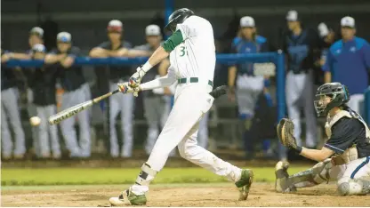  ?? DOUGLAS KILPATRICK/SPECIAL TO THE MORNING CALL PHOTOS ?? Emmaus center fielder Jaden Gallagherc onnects with a pitch in the seventh inning during the Green Hornets’ 6-5, 10-inning win against Nazareth in the EPC League Championsh­ip at DeSales University Weiland Park on Thursday.