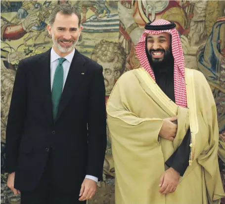 ?? Reuters ?? Saudi Crown Prince Mohammed bin Salman joins Spain’s King Felipe yesterday at the Zarzuela Palace outside Madrid