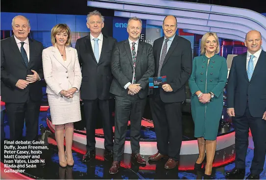  ??  ?? Final debate: Gavin Duffy, Joan Freeman, Peter Casey, hosts Matt Cooper and Ivan Yates, Liadh Ní Riada and Seán Gallagher