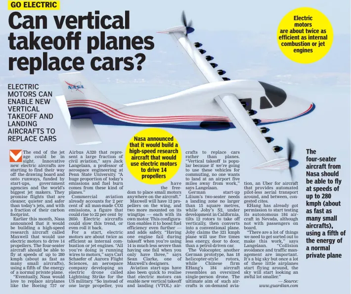  ??  ?? The four-seater aircraft from Nasa should be able to fly at speeds of up to 280 kmph (about as fast as many small aircrafts), using a fifth of the energy of a normal private plane Electric motors are about twice as efficient as internal combustion or...