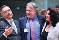  ?? — AFP ?? Michael Roth talking with Greek Minister of Foreign Affairs Georgos Katrougkal­os and Maltese Minister for Social Dialogue, Consumer Affairs, and Civil Liberties Helena Dalli prior to a meeting at the European Council in Brussels.