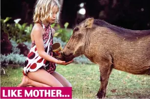  ??  ?? Wild child: Saba as a girl feeding a warthog in the early Eighties. Saba’s daughter, Mayian (right) makes friends with another one LIKE MOTHER...