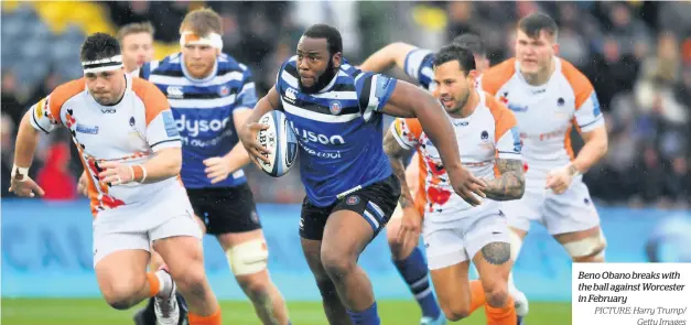  ?? PICTURE: Harry Trump/ Getty Images ?? Beno Obano breaks with the ball against Worcester in February