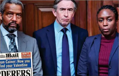  ??  ?? ‘BIZARRE OVERSIGHT’: Steve Coogan with Stephen actors Hugh Quarshie and Sharlene Whyte – and the Daily Mail’s campaignin­g 1997 front page, left