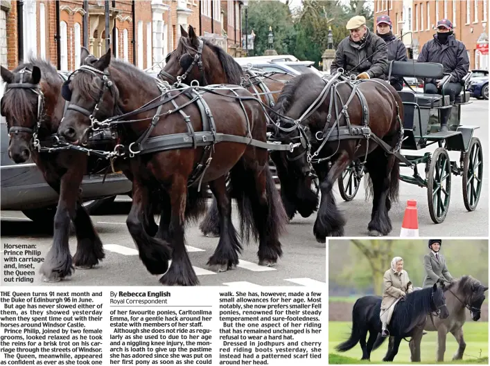  ??  ?? Horseman: Prince Philip with carriage and, inset, the Queen out riding