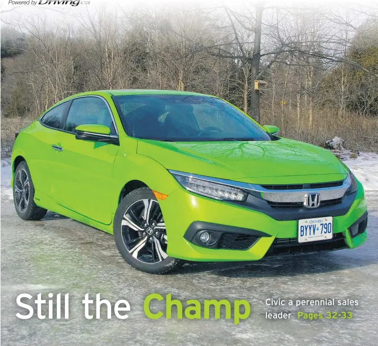  ?? LESLEY WIMBUSH/DRIVING.CA ?? Quibble with the colour of this 2017 Civic Coupe, but there’s no denying the Civic’s well-earned reputation for longevity, and excellent resale value.