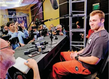  ?? [AP PHOTO] ?? Georgia freshman quarterbac­k Jake Fromm answers questions during a Rose Bowl news conference Thursday in Los Angeles.