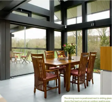  ??  ?? The dining room is positioned next to sliding glass doors that lead out onto an outdoor seating area