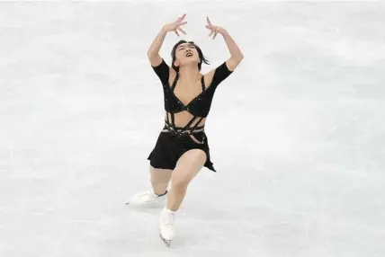  ?? (AP Photo/Hiro Komae) ?? Kaori Sakamoto of Japan performs during the women's short program in the World Figure Skating Championsh­ips in Saitama, north of Tokyo, Wednesday, March 22, 2023.