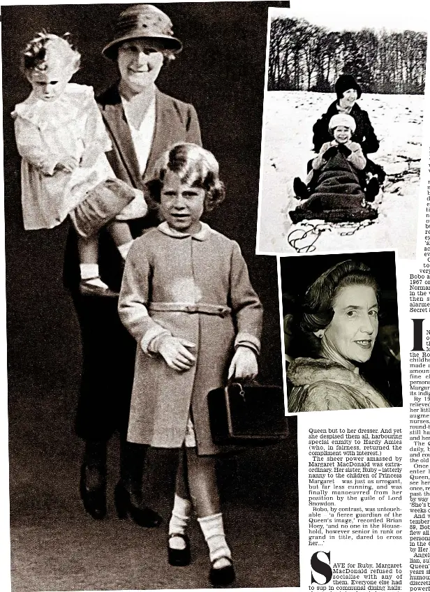  ??  ?? Loyal servant: Bobo, below inset, and in 1932 with Princesses Elizabeth and Margaret Rose. Left, on a sledge ride with Elizabeth. Facing page: The Queen at Bobo’s funeral in 1993