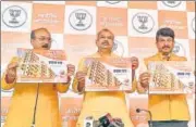  ?? HT PHOTO ?? (from left) BJP leaders Ashish Sood, Adesh Gupta and Manoj Tiwari releases ‘Vachan Patra” on Thursday.