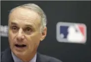  ?? SETH WENIG - THE ASSOCIATED PRESS ?? Baseball Commission­er Rob Manfred speaks during a news conference at MLB headquarte­rs in New York, Tuesday, Nov. 27, 2018.