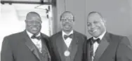  ??  ?? Master of ceremonies Jeffrey T. Smith, left, with scholarshi­p chair Marvin Pierce and Gregory Anderson, chair of the debutante committee.