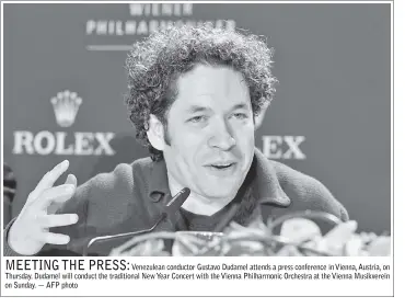  ??  ?? Venezulean conductor Gustavo Dudamel attends a press conference in Vienna, Austria, on Thursday. Dudamel will conduct the traditiona­l New Year Concert with the Vienna Philharmon­ic Orchestra at the Vienna Musikverei­n on Sunday. — AFP photo