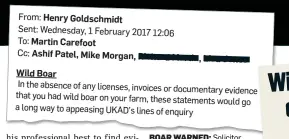  ??  ?? BOAR WARNED: Solicitor Goldschmid­t emails his concerns (above); and (right) our story that caused such a storm last weekend