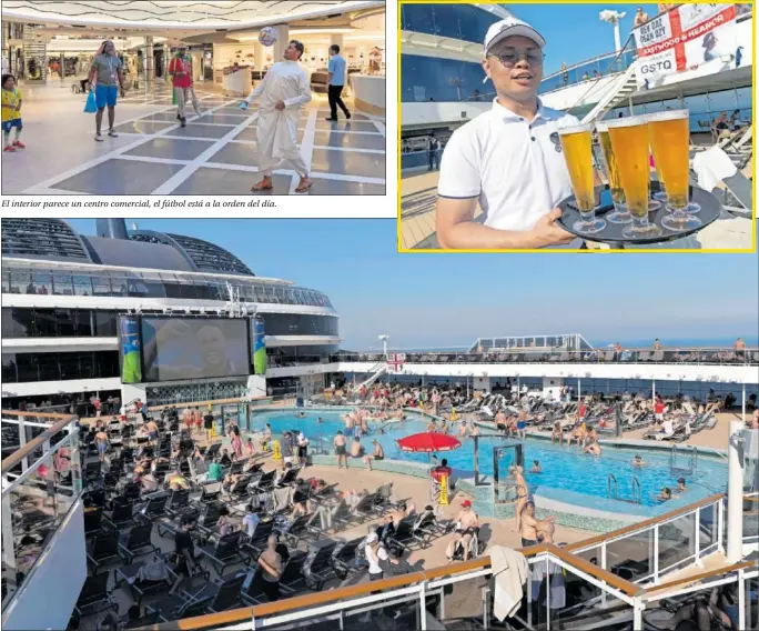  ?? ?? En la espectacul­ar zona de piscina de los cruceros atracados en el puerto de Doha se proyectan los partidos del Mundial a todas horas.
