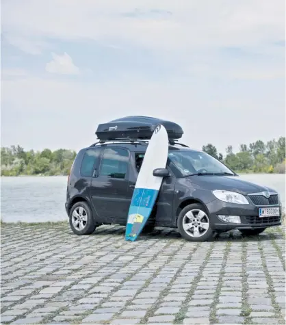  ?? Clemens Fabry ?? Birgit Wagner kurz nach der Rückkehr von ihrer Arbeitsrei­se Anfang Juli mit ihrem Skoda Roomster auf der Wiener Donauinsel. Das Surfbrett war auf der Reise auch dabei.