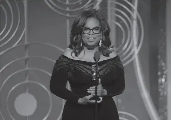  ?? NBC HANDOUT IMAGE VIA AP ?? This image released by NBC shows Oprah Winfrey accepting the Cecil B. DeMille Award at the 75th Annual Golden Globe Awards in Beverly Hills, Calif., on Sunday.