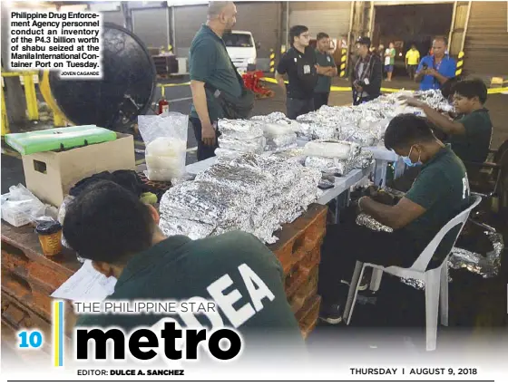  ?? JOVEN CAGANDE ?? Philippine Drug Enforcemen­t Agency personnel conduct an inventory of the P4.3 billion worth of shabu seized at the Manila Internatio­nal Container Port on Tuesday.