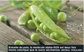  ?? [Viktorija - Fotolia.com ] ?? Extraite du pois, la molécule alpha-GOS est deux fois moins calorique que le sucre saccharose.