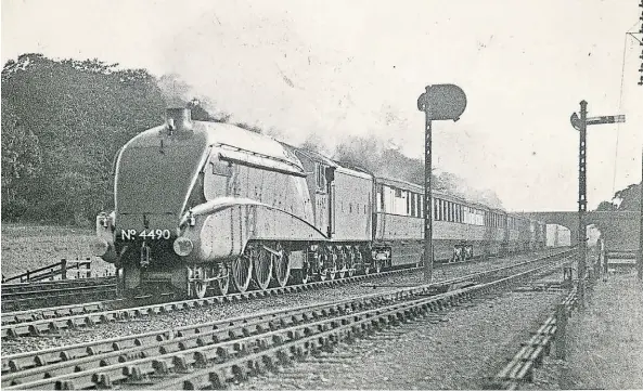  ?? ?? Streamline­d Pacific locomotive No. 4490 Empire of India speeds northwards from London King’s Cross to Edinburgh Waverley with the Art Deco-styled ‘Coronation’ train in the autumn of 1937. It made the 392.7-mile journey in six hours flat, a time that wasn’t bettered until 1973. [Mortons Archive/F R Hebron].