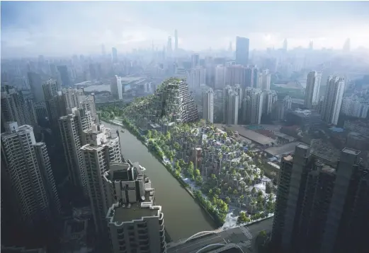  ??  ?? BELOW, HIS 15-ACRE MIXED-USE DEVELOPMEN­T THAT IS UNDER CONSTRUCTI­ON ON SHANGHAI’S MOGANSHAN ROAD