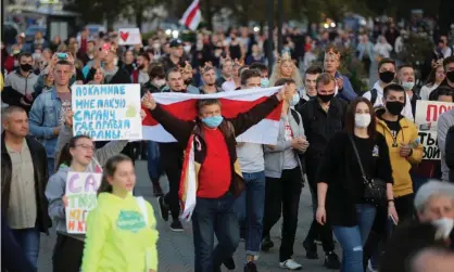  ?? Photograph: TUT.BY/Reuters ?? Belarusian opposition supporters protest in Minsk. The OTF provides help to pro-democracy movements in installing and maintainin­g them, with the aim of staying at least one step ahead of the state.