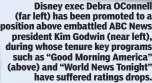  ?? ?? Disney exec Debra OConnell (far left) has been promoted to a position above embattled ABC News president Kim Godwin (near left), during whose tenure key programs such as “Good Morning America” (above) and “World News Tonight” have suffered ratings drops.