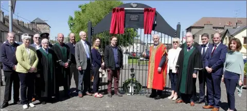  ??  ?? Mayor Jim Moore unveils a plaque in memory of Peter Hodnett, in the company of the Hodnett family, Minister Paul Kehoe, Wexford Municipal Borough members and members of the Lock Out committee.