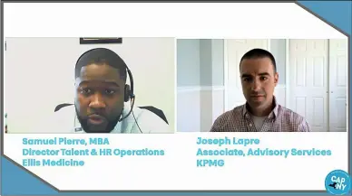  ?? SCREENSHOT IMAGE ?? Samuel Pierre with Ellis Medicine and Joseph Lapre with KPMG share their success stories as transplant­s to the Capital Region.