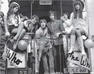  ??  ?? The Who in 1968 promoting US album Magic Bus: The Who On Tour, pictured with Eli the baby elephant and models Nicola Austine, left, and Toni Lee, right. Daltrey is centre left next to Keith Moon