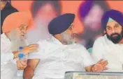  ??  ?? (From left) Khadoor Sahib MP Ranjit Singh Brahmpura, SAD chief Sukhbir Singh Badal, former minister Bikram Singh Majithia during a rally near Amritsar on Monday. SAMEER SEHGAL /HT