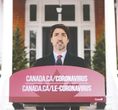  ?? SEAN KILPATRICK / THE CANADIAN PRESS ?? Prime Minister Justin Trudeau addresses Canadians on the COVID-19
pandemic from Rideau Cottage in Ottawa on Thursday.