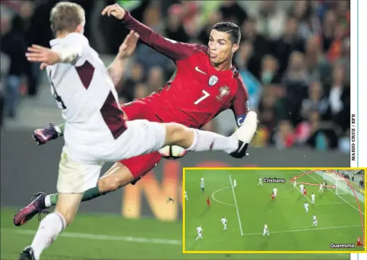  ??  ?? UNA VOLEA ESPECTACUL­AR. Cristiano logró su segundo gol ante Letonia con un remate acrobático que ha dado la vuelta al mundo.