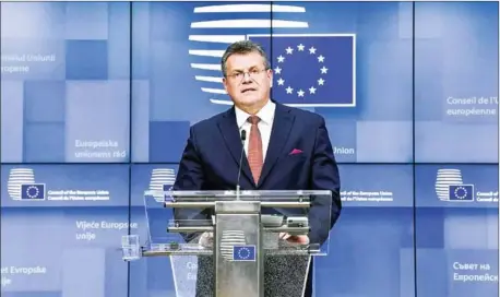  ?? POOL/AFP ?? European Commission vice-president Maros Sefcovic speaks during a press conference after a General Affairs Council with the Portuguese European Affairs Secretary, held via video link at the EU headquarte­rs in Brussels, Belgium, on February 23.