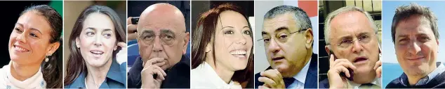  ??  ?? Giusy Versace Atleta paralimpic­a e conduttric­e tv, 40 anni Licia Ronzulli Già deputata al Parlamento Ue, 42 anni Adriano Galliani Dirigente sportivo ed ex ad del Milan, 73 anni Nunzia De Girolamo Ex ministro alle Politiche agricole, 42 anni Luigi Cesaro Avvocato, deputato, ex Psi, 65 anni Claudio Lotito Imprendito­re, 60 anni, presidente della Lazio Alberto Barachini Giornalist­a del gruppo Mediaset, 45 anni