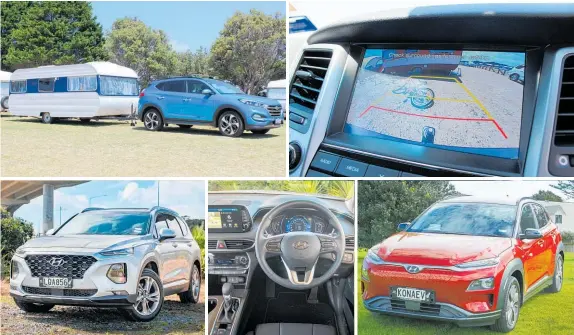  ?? Photos / Ted Baghurst, Cameron Officer, Matthew Hansen ?? Clockwise: Hyundai says the twin-scroll turbo-armed Tucson 1.6T GDi AWD Limited will tow its fair share of trailer-packed treats; the reversing camera of the Tucson helps with towing; the Kona EV; Santa Fe interior and exterior.