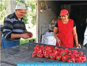  ??  ?? Bosnian people bake red peppers to prepare ajvar on September 24, 2017, in Ljetovik, near the Central-Bosnian town of Kiseljak. — AFP photos