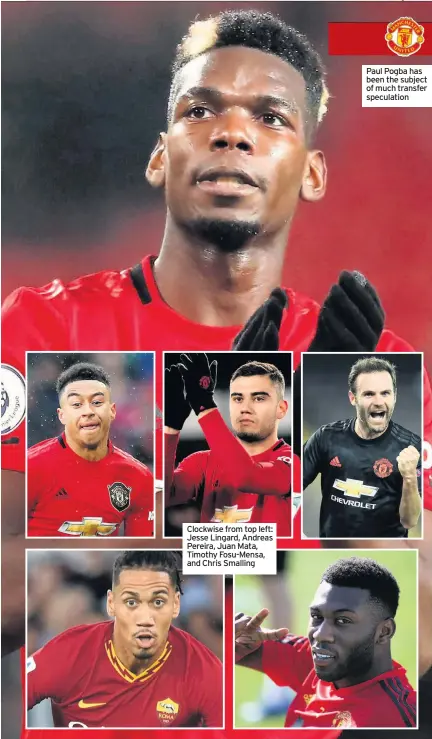  ??  ?? Clockwise from top left: Jesse Lingard, Andreas Pereira, Juan Mata, Timothy Fosu-Mensa, and Chris Smalling
Paul Pogba has been the subject of much transfer speculatio­n