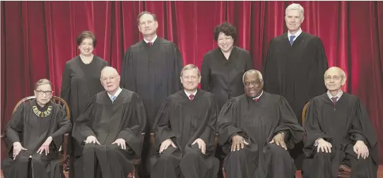  ?? AP FILE PHOTO ?? RANKS: Justice Kennedy will leave the ranks of Supreme Court Justices including seated, from left, Associate Justice Ruth Bader Ginsburg, Kennedy, Chief Justice John Roberts, Associate Justice Clarence Thomas and Associate Justice Stephen Breyer, and standing, from left, Associate Justice Elena Kagan, Associate Justice Samuel Alito Jr., Associate Justice Sonia Sotomayor and Associate Justice Neil Gorsuch.