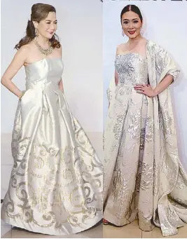  ??  ?? Marivic Vazquez and Linda Ley in strapless metallic colored brocade gowns
