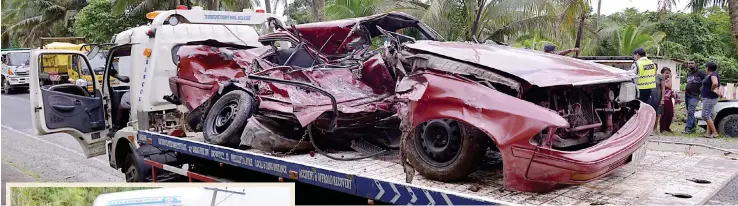  ?? Photo: Vilimoni Vaganalau ?? This is the car that Vijay Kumar and Rati Bhan were in at the time of the accident at Kalokolevu, Naboro, yesterday.