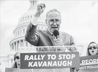  ?? J. SCOTT APPLEWHITE THE ASSOCIATED PRESS ?? Senate Minority Leader Chuck Schumer, D-N.Y., joined protesters this month objecting to President Donald Trump’s Supreme Court nominee Brett Kavanaugh at a rally Capitol in Washington.