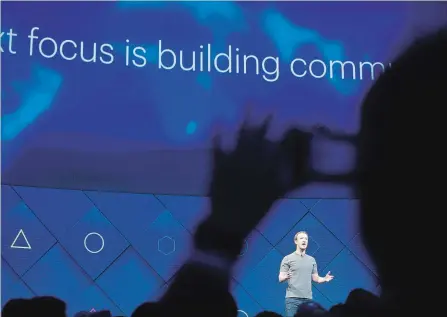  ?? NOAH BERGER THE ASSOCIATED PRESS FILE PHOTO ?? Facebook CEO Mark Zuckerberg speaks at his company's annual F8 developer conference last April.