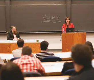  ?? (Eitan Webb) ?? DEPUTY FOREIGN MINISTER Tzipi Hotovely speaks at Princeton University’s Chabad House on Monday.