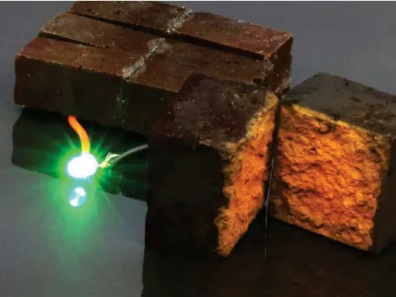  ??  ?? Researcher­s powered an LED using Pedot-coated bricks (Washington University)