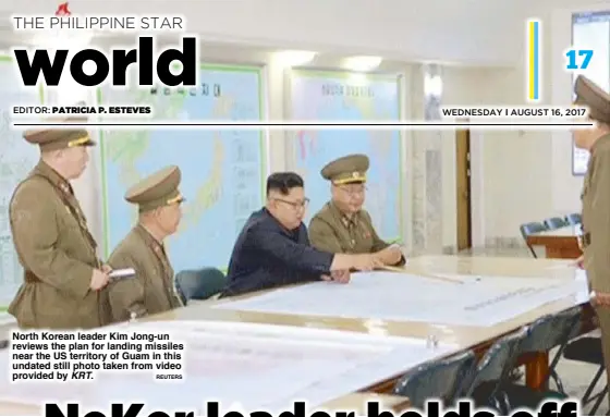  ?? REUTERS ?? North Korean leader Kim Jong-un reviews the plan for landing missiles near the US territory of Guam in this undated still photo taken from video provided by KRT.