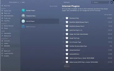  ??  ?? Cleanmymac’s Extensions modules provides a central location for enabling and disabling software extensions, like those for Safari or macos.